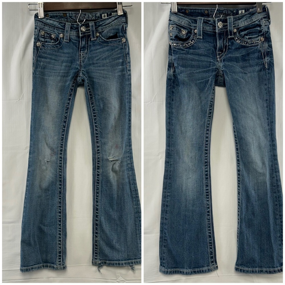 Lot 2 Miss Me Bootcut Jeans Girls 8 Blue Embellished Distressed *